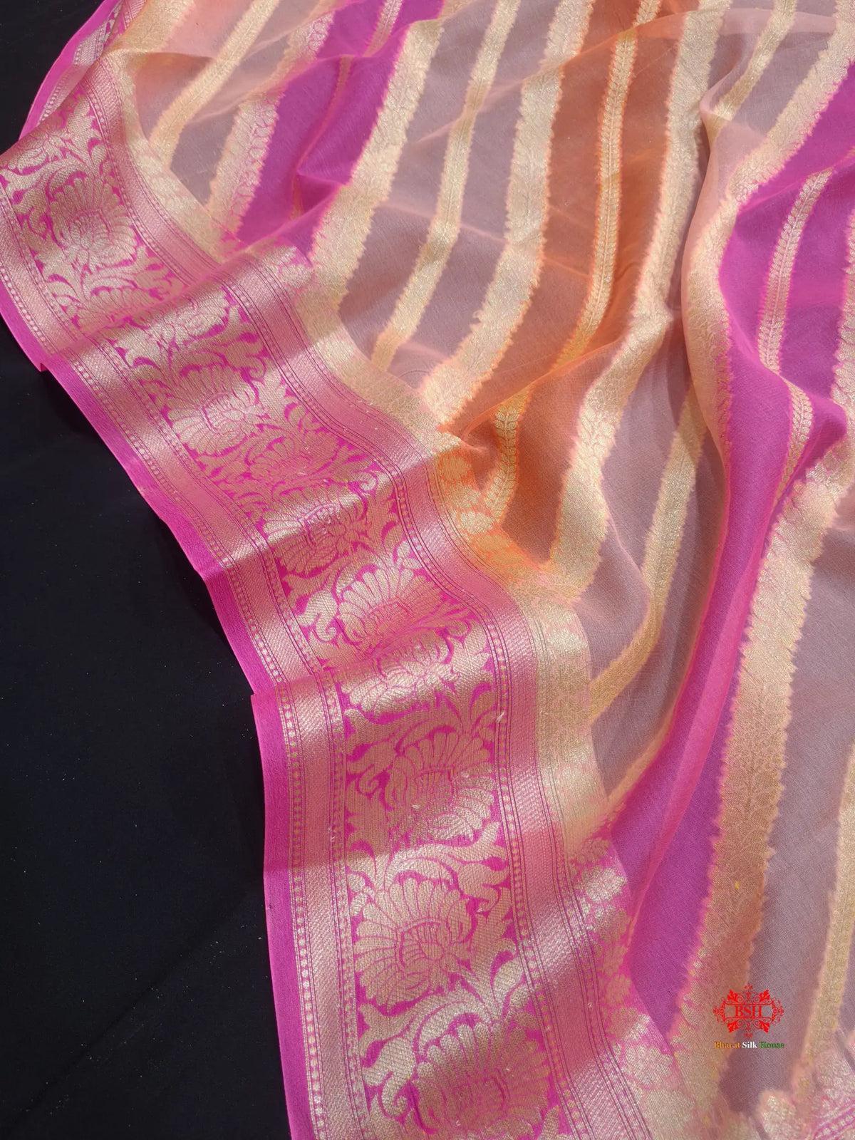 Multi Colour Pure Chiffon Handbrush Dyed Reshmi Zari Silk Saree - Bharat Silk House Chiffon Sarees