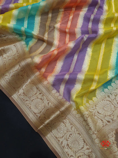 Multi Colour Pure Chiffon Handbrush Dyed Reshmi Zari Silk Saree - Bharat Silk House Chiffon Sarees