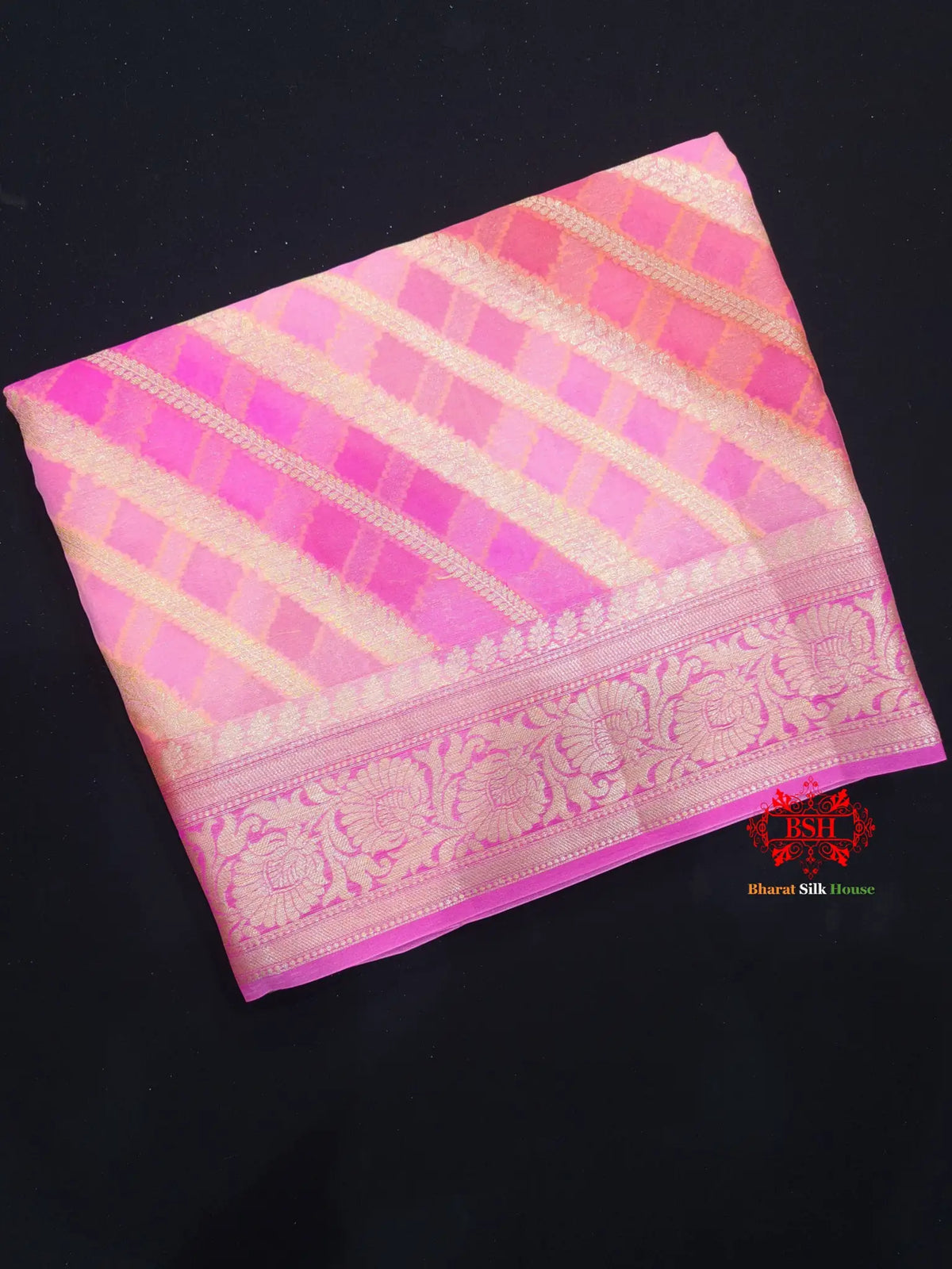 Multi Colour Pure Chiffon Handbrush Dyed Reshmi Zari Silk Saree - Bharat Silk House Chiffon Sarees