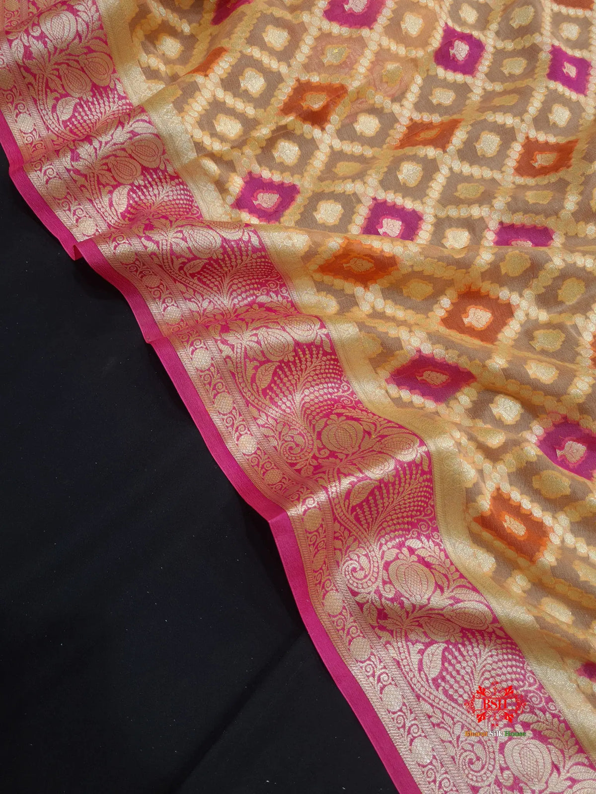 Multi Colour Pure Chiffon Handbrush Dyed Reshmi Zari Silk Saree - Bharat Silk House Chiffon Sarees