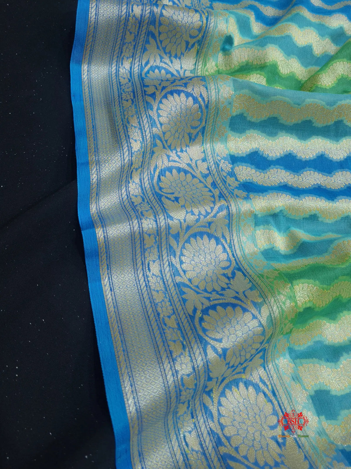 Multi Colour Pure Chiffon Handbrush Dyed Reshmi Zari Silk Saree - Bharat Silk House Chiffon Sarees