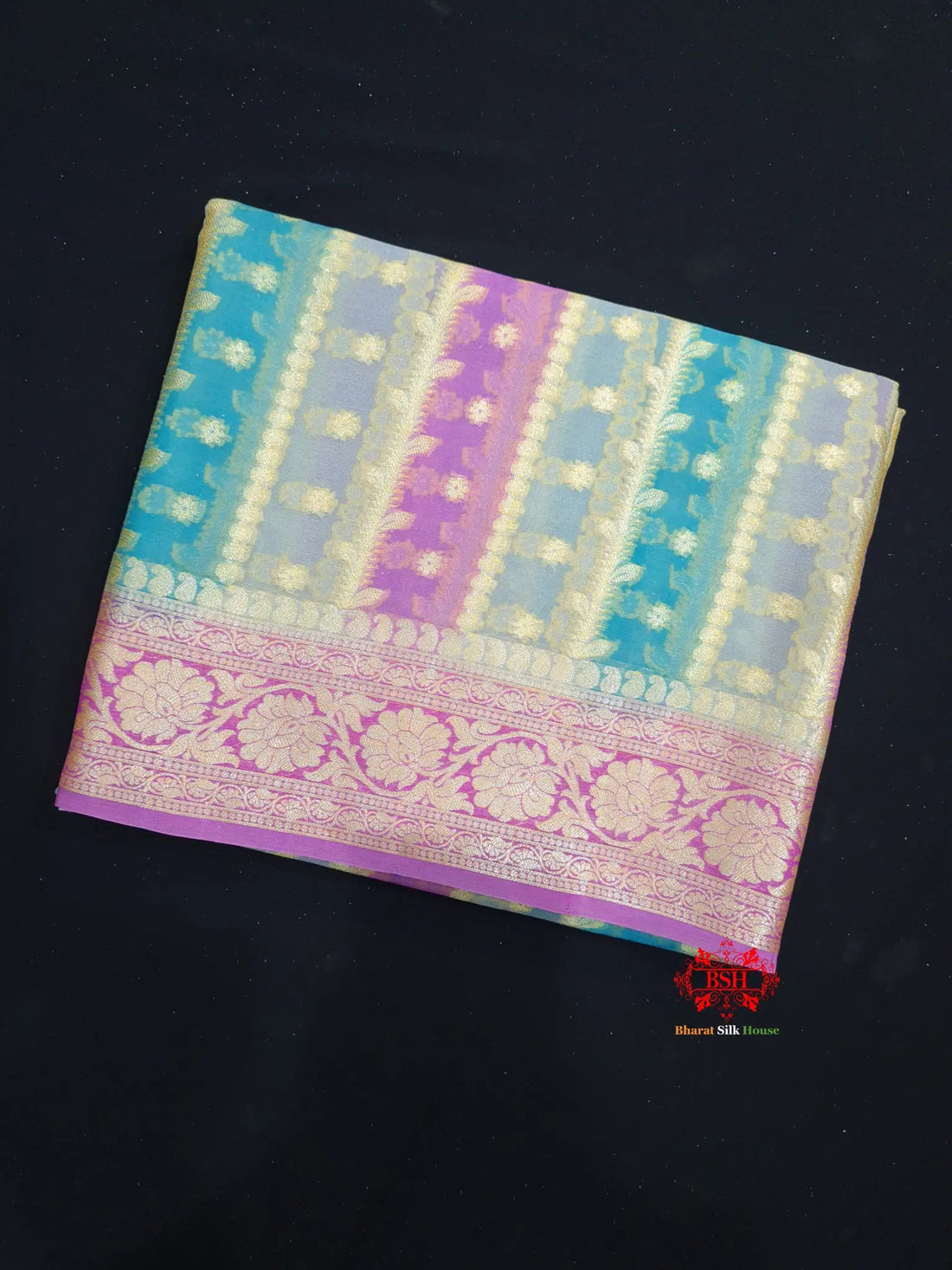 Multi Colour Pure Chiffon Handbrush Dyed Reshmi Zari Silk Saree - Bharat Silk House Chiffon Sarees