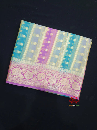 Multi Colour Pure Chiffon Handbrush Dyed Reshmi Zari Silk Saree - Bharat Silk House Chiffon Sarees