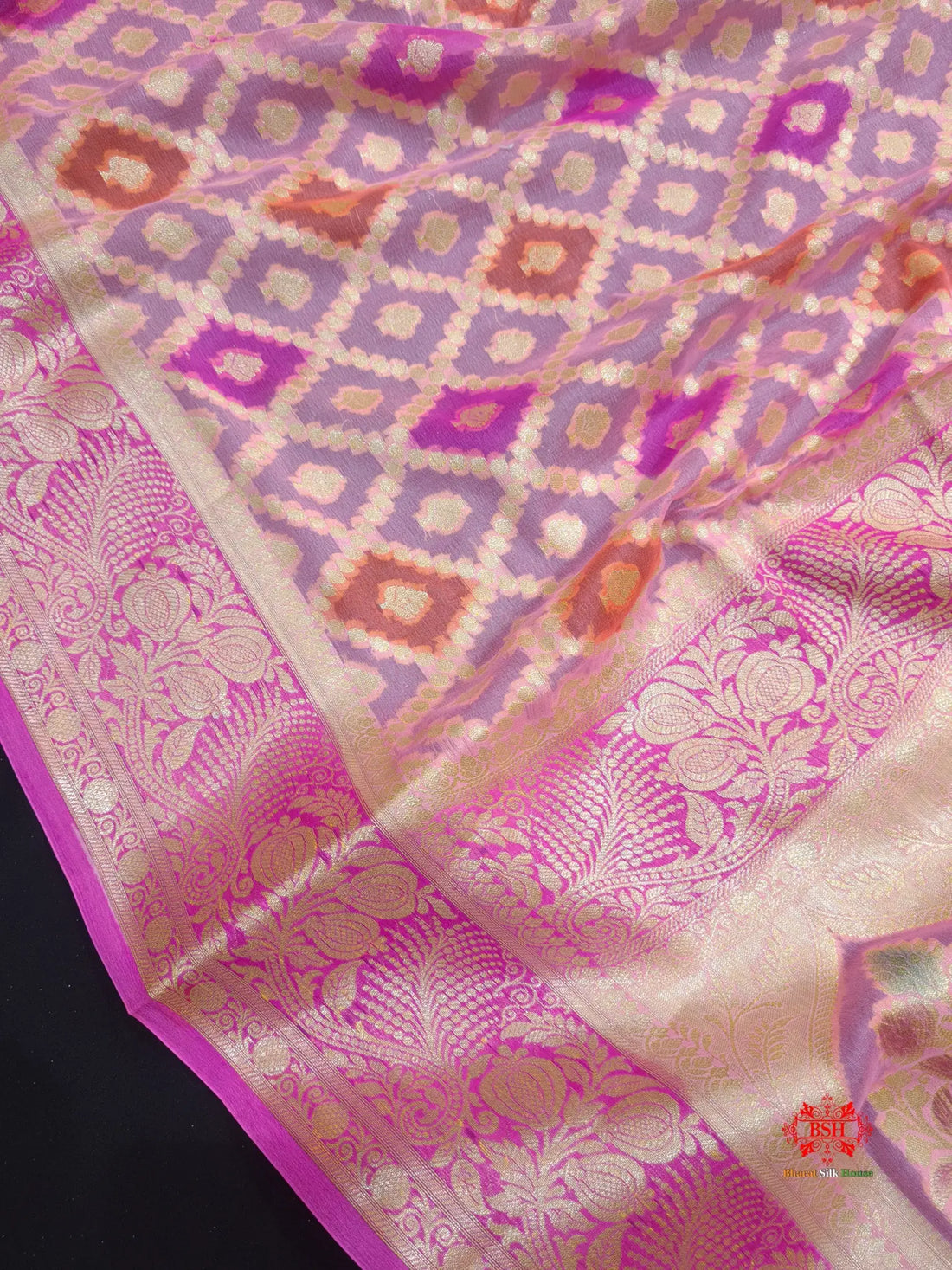 Multi Colour Pure Chiffon Handbrush Dyed Reshmi Zari Silk Saree - Bharat Silk House Chiffon Sarees