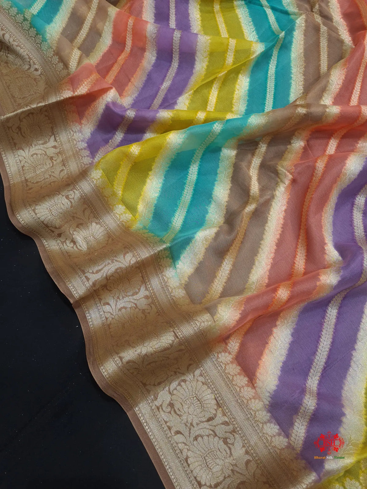 Multi Colour Pure Chiffon Handbrush Dyed Reshmi Zari Silk Saree - Bharat Silk House Chiffon Sarees
