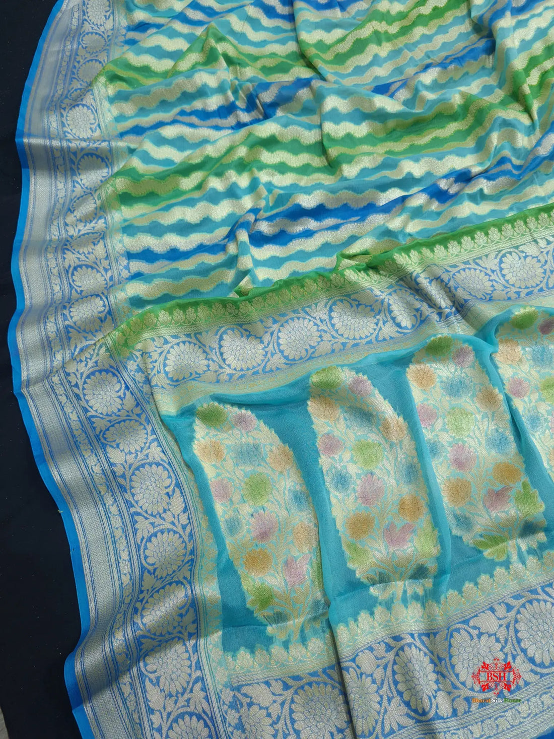 Multi Colour Pure Chiffon Handbrush Dyed Reshmi Zari Silk Saree - Bharat Silk House Chiffon Sarees