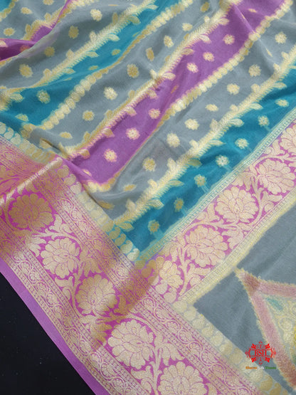 Multi Colour Pure Chiffon Handbrush Dyed Reshmi Zari Silk Saree - Bharat Silk House Chiffon Sarees