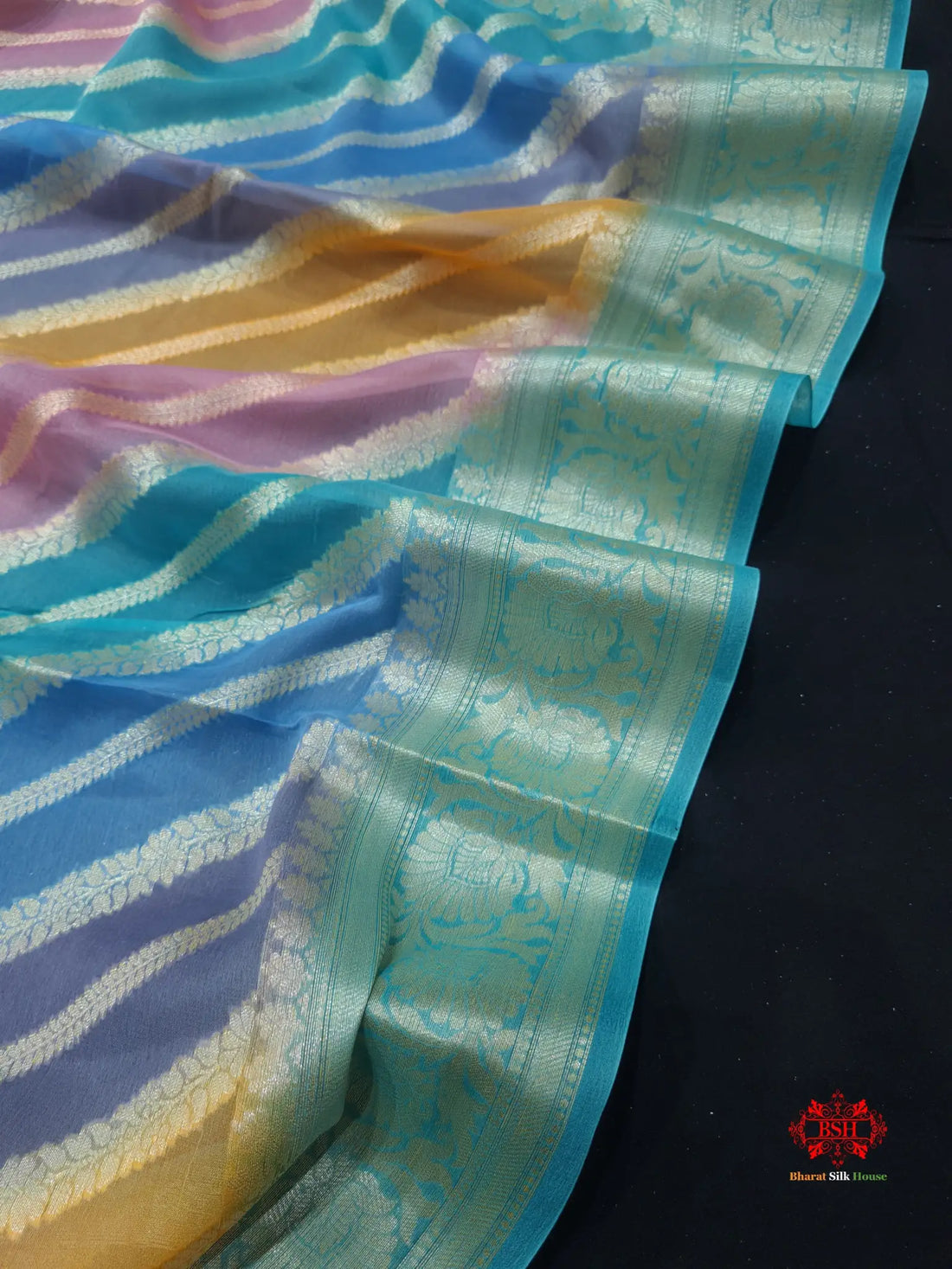 Multi Colour Pure Chiffon Handbrush Dyed Reshmi Zari Silk Saree - Bharat Silk House Chiffon Sarees