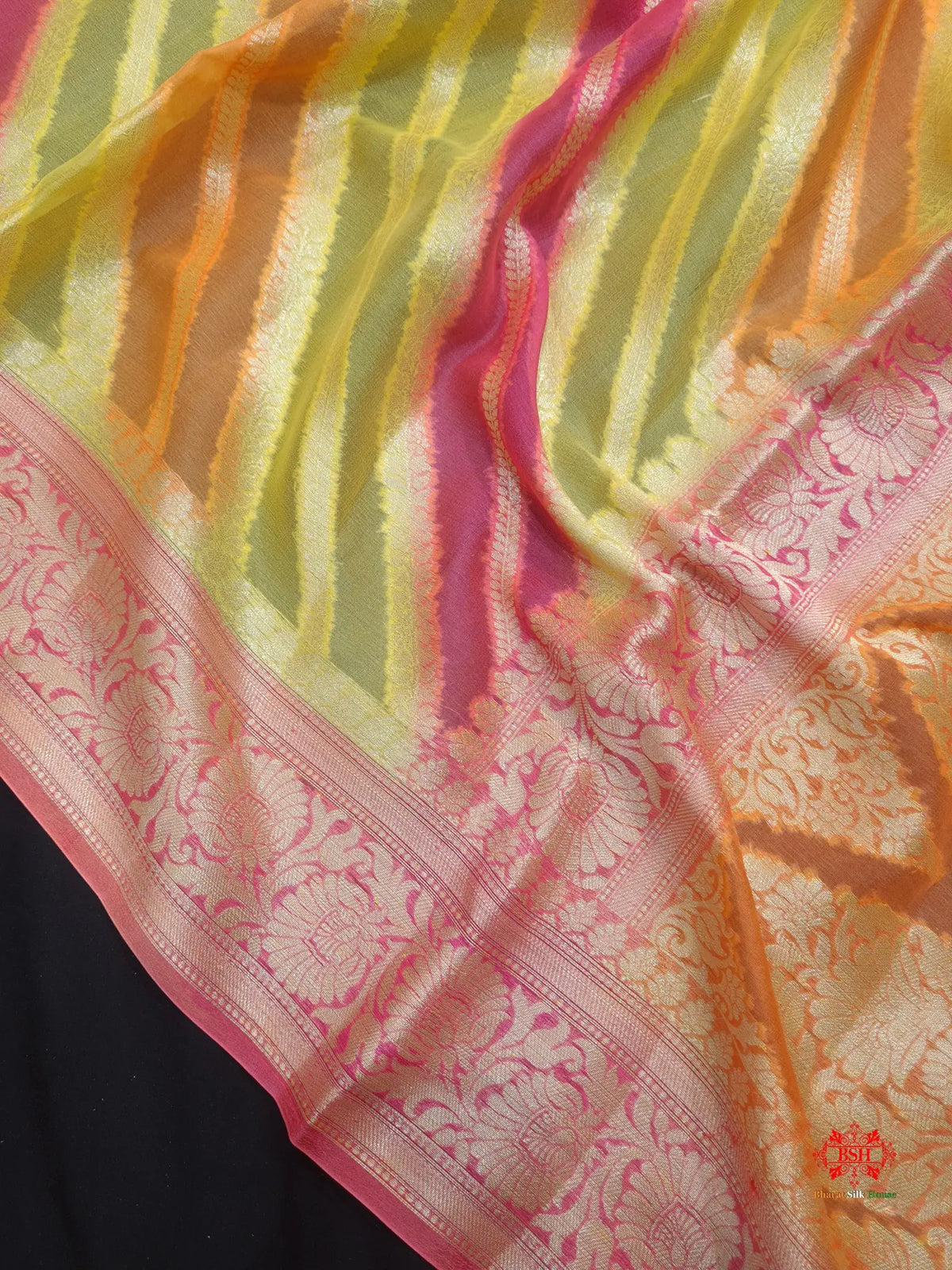 Multi Colour Pure Chiffon Handbrush Dyed Reshmi Zari Silk Saree - Bharat Silk House Chiffon Sarees