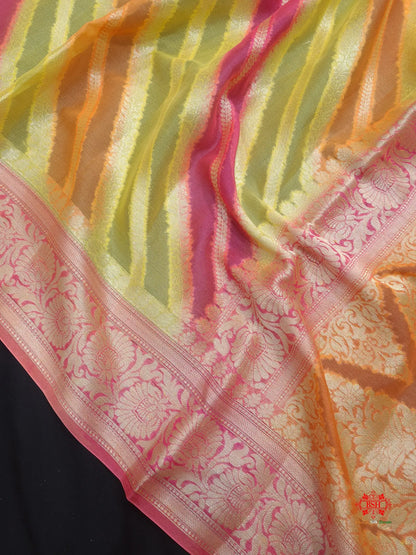 Multi Colour Pure Chiffon Handbrush Dyed Reshmi Zari Silk Saree - Bharat Silk House Chiffon Sarees