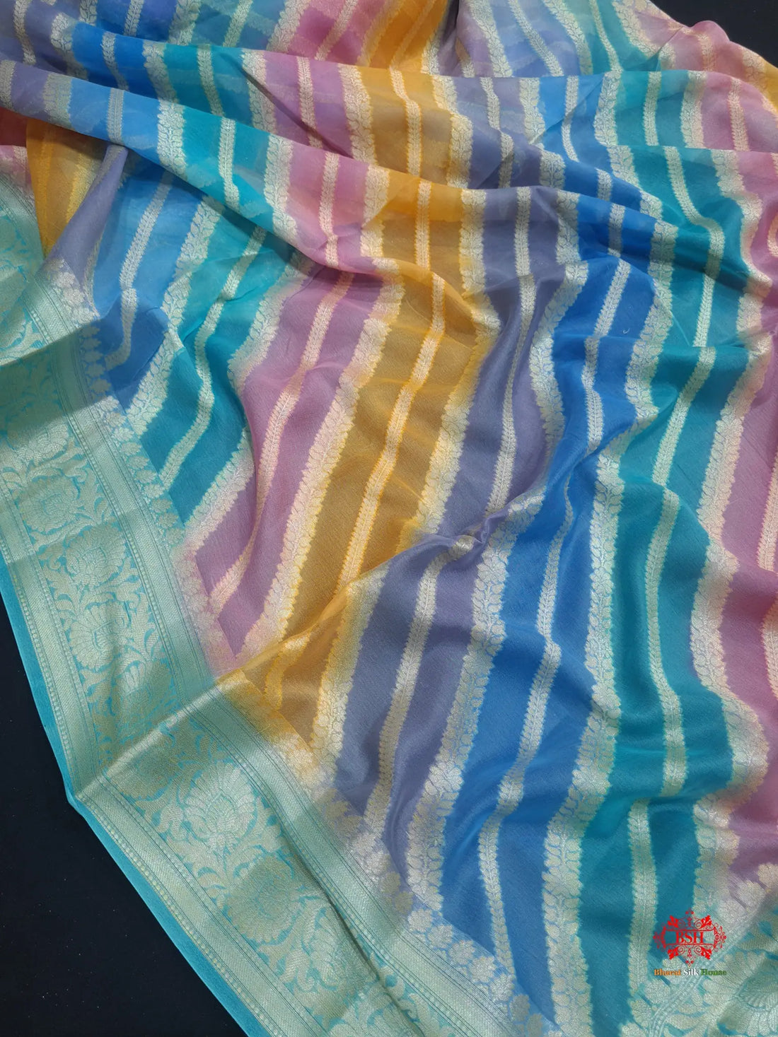 Multi Colour Pure Chiffon Handbrush Dyed Reshmi Zari Silk Saree - Bharat Silk House Chiffon Sarees