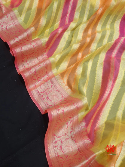 Multi Colour Pure Chiffon Handbrush Dyed Reshmi Zari Silk Saree - Bharat Silk House Chiffon Sarees