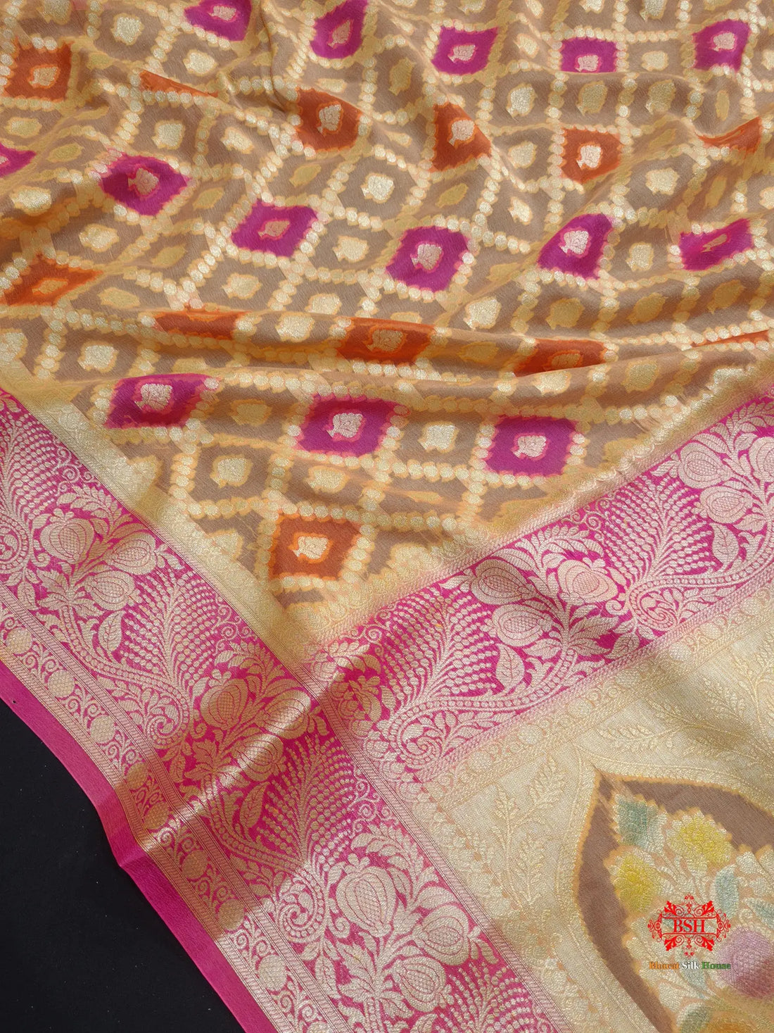 Multi Colour Pure Chiffon Handbrush Dyed Reshmi Zari Silk Saree - Bharat Silk House Chiffon Sarees