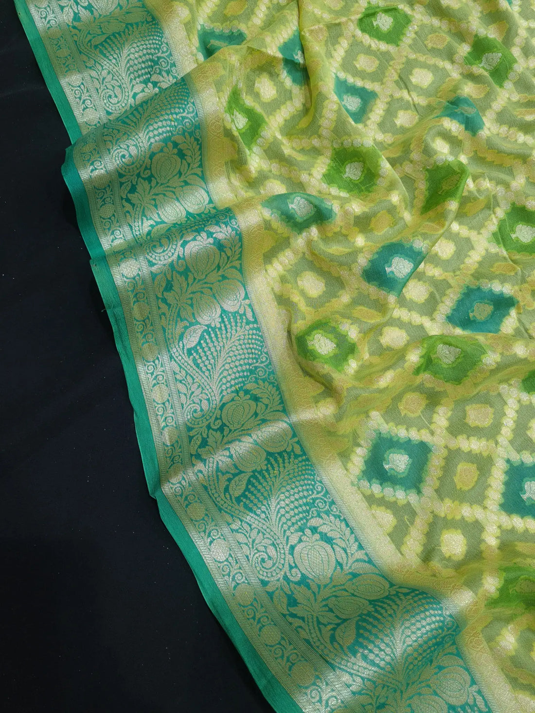 Multi Colour Pure Chiffon Handbrush Dyed Reshmi Zari Silk Saree - Bharat Silk House Chiffon Sarees