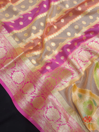 Multi Colour Pure Chiffon Handbrush Dyed Reshmi Zari Silk Saree - Bharat Silk House Chiffon Sarees