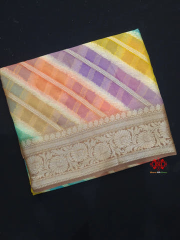 Multi Colour Pure Chiffon Handbrush Dyed Reshmi Zari Silk Saree - Bharat Silk House Chiffon Sarees