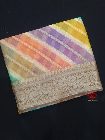 Multi Colour Pure Chiffon Handbrush Dyed Reshmi Zari Silk Saree - Bharat Silk House Chiffon Sarees