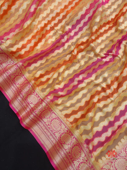 Multi Colour Pure Chiffon Handbrush Dyed Reshmi Zari Silk Saree - Bharat Silk House Chiffon Sarees
