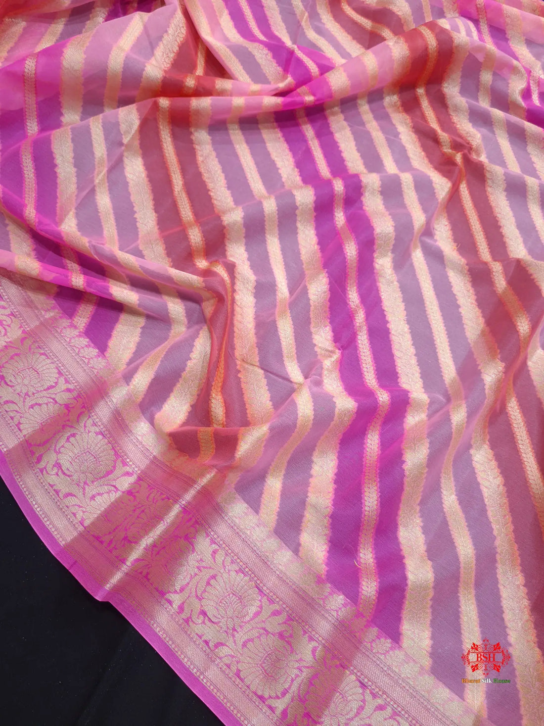 Multi Colour Pure Chiffon Handbrush Dyed Reshmi Zari Silk Saree - Bharat Silk House Chiffon Sarees