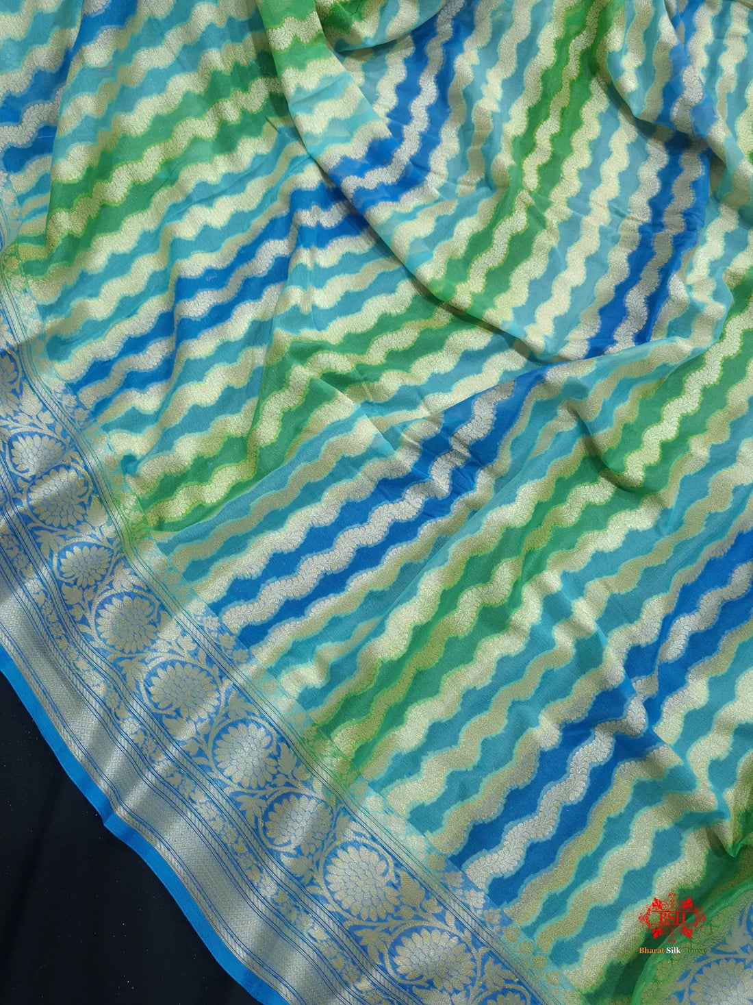 Multi Colour Pure Chiffon Handbrush Dyed Reshmi Zari Silk Saree - Bharat Silk House Chiffon Sarees