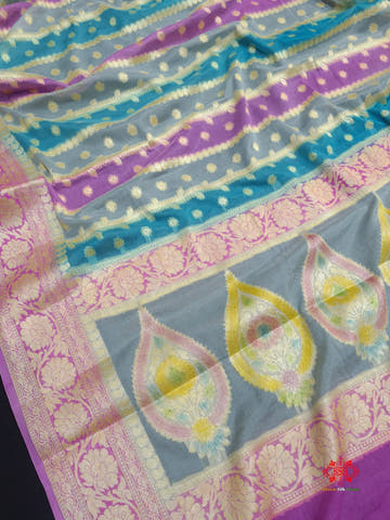 Multi Colour Pure Chiffon Handbrush Dyed Reshmi Zari Silk Saree - Bharat Silk House Chiffon Sarees