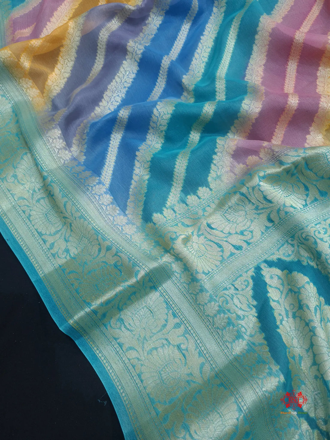 Multi Colour Pure Chiffon Handbrush Dyed Reshmi Zari Silk Saree - Bharat Silk House Chiffon Sarees