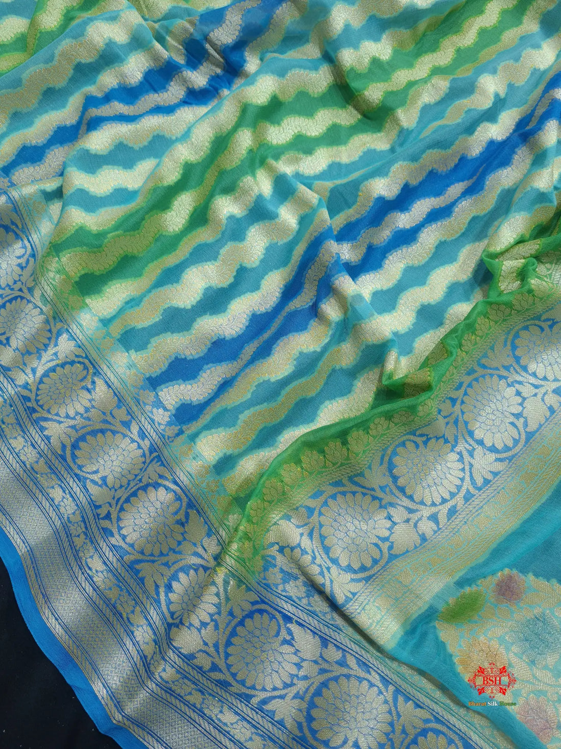 Multi Colour Pure Chiffon Handbrush Dyed Reshmi Zari Silk Saree - Bharat Silk House Chiffon Sarees