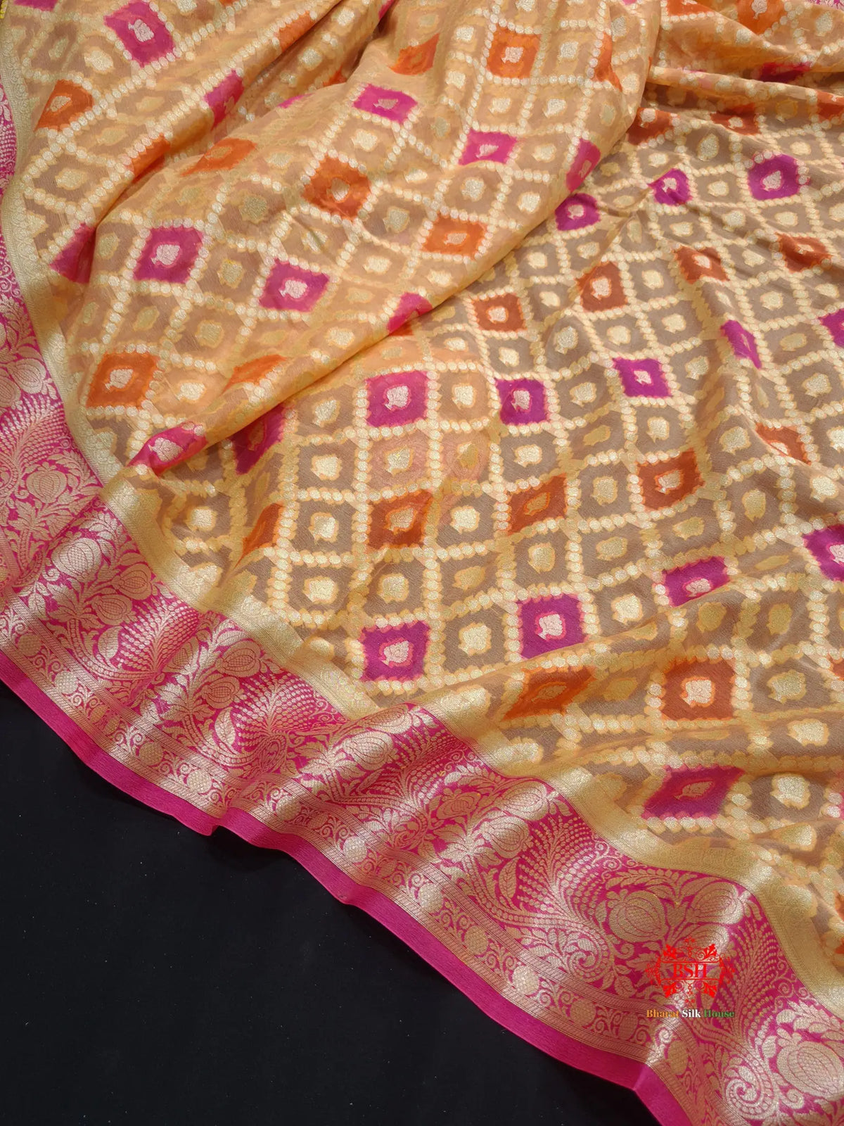 Multi Colour Pure Chiffon Handbrush Dyed Reshmi Zari Silk Saree - Bharat Silk House Chiffon Sarees