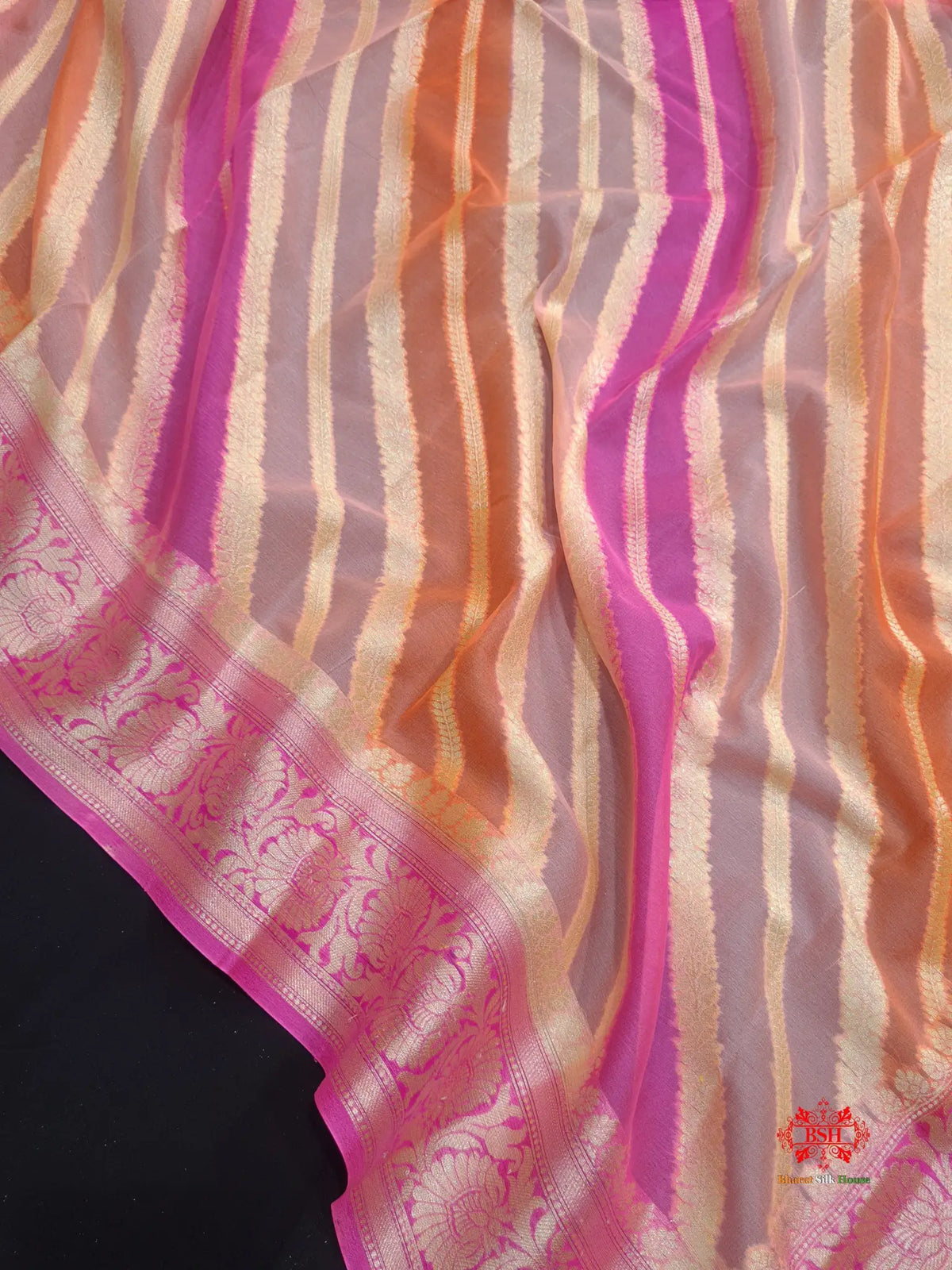 Multi Colour Pure Chiffon Handbrush Dyed Reshmi Zari Silk Saree - Bharat Silk House Chiffon Sarees