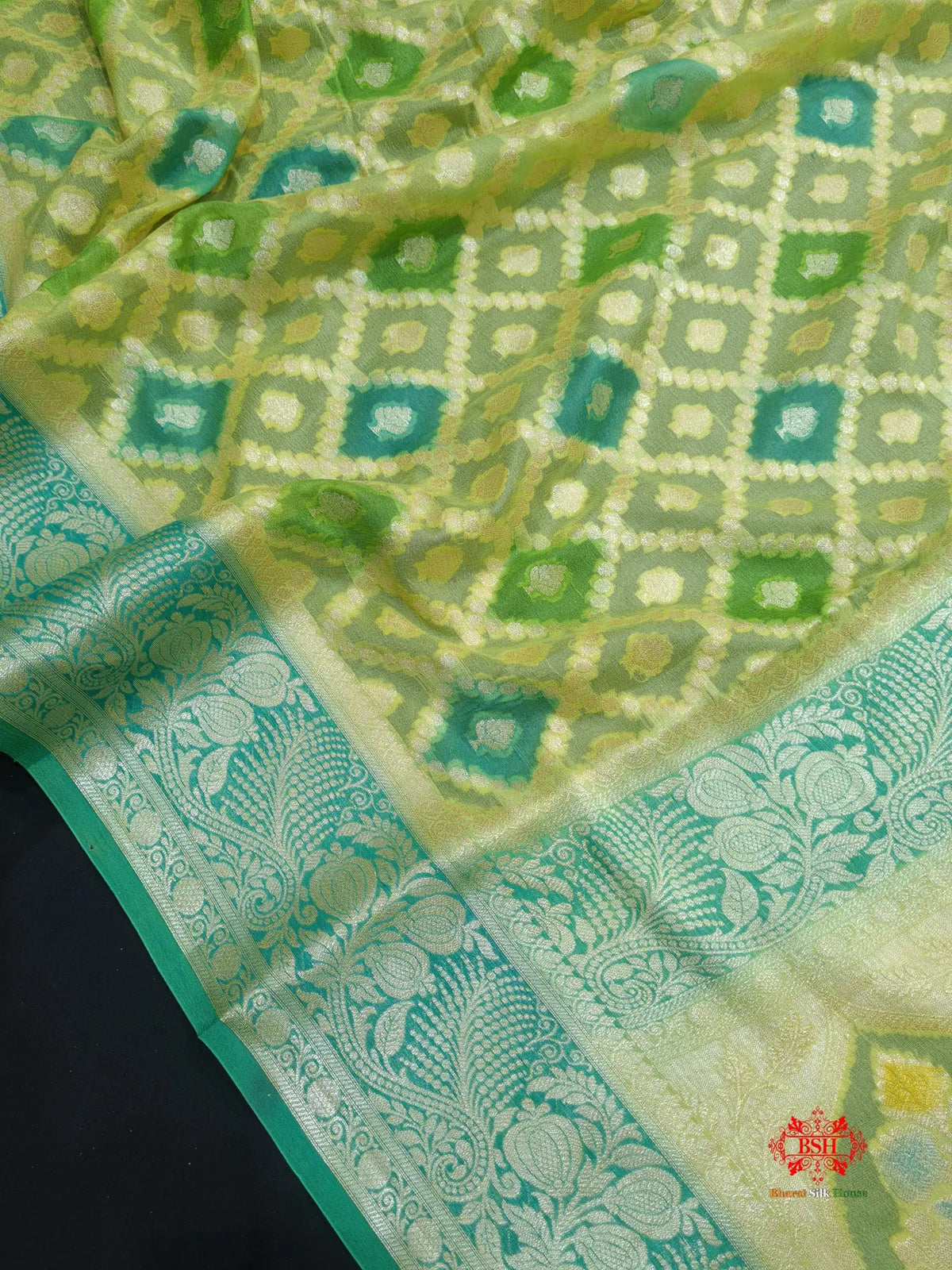 Multi Colour Pure Chiffon Handbrush Dyed Reshmi Zari Silk Saree - Bharat Silk House Chiffon Sarees