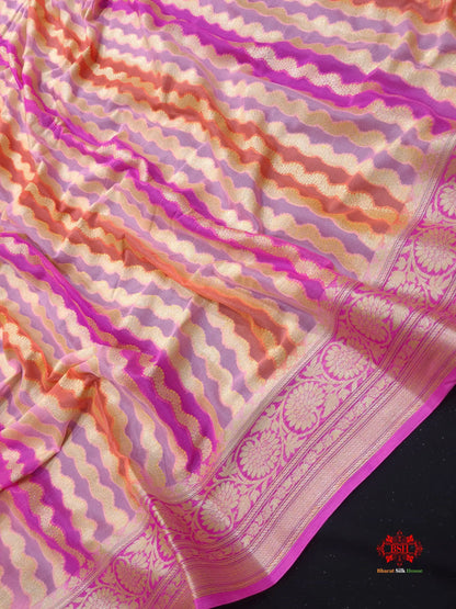 Multi Colour Pure Chiffon Handbrush Dyed Reshmi Zari Silk Saree - Bharat Silk House Chiffon Sarees
