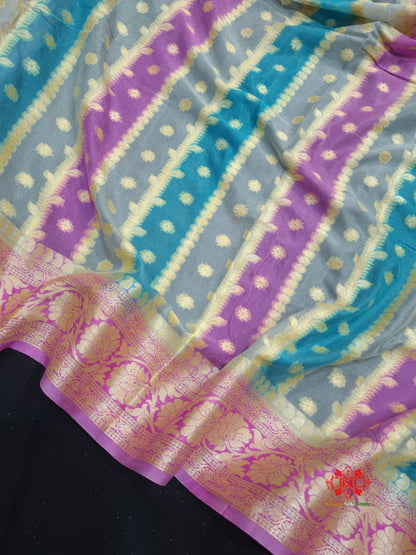 Multi Colour Pure Chiffon Handbrush Dyed Reshmi Zari Silk Saree - Bharat Silk House Chiffon Sarees