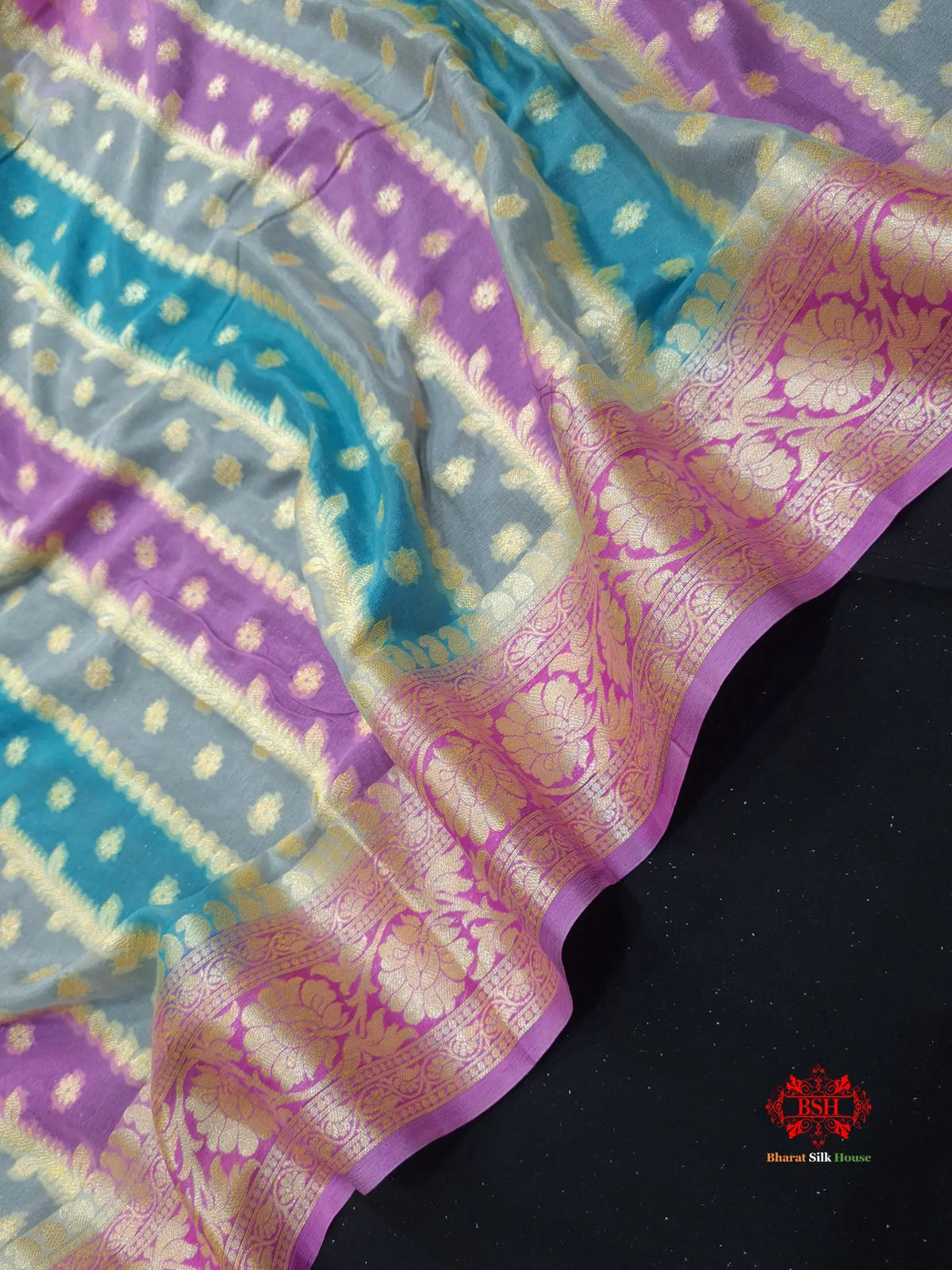 Multi Colour Pure Chiffon Handbrush Dyed Reshmi Zari Silk Saree - Bharat Silk House Chiffon Sarees
