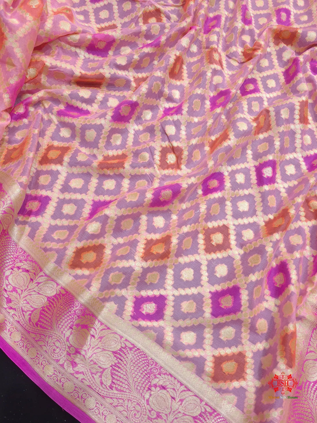 Multi Colour Pure Chiffon Handbrush Dyed Reshmi Zari Silk Saree - Bharat Silk House Chiffon Sarees
