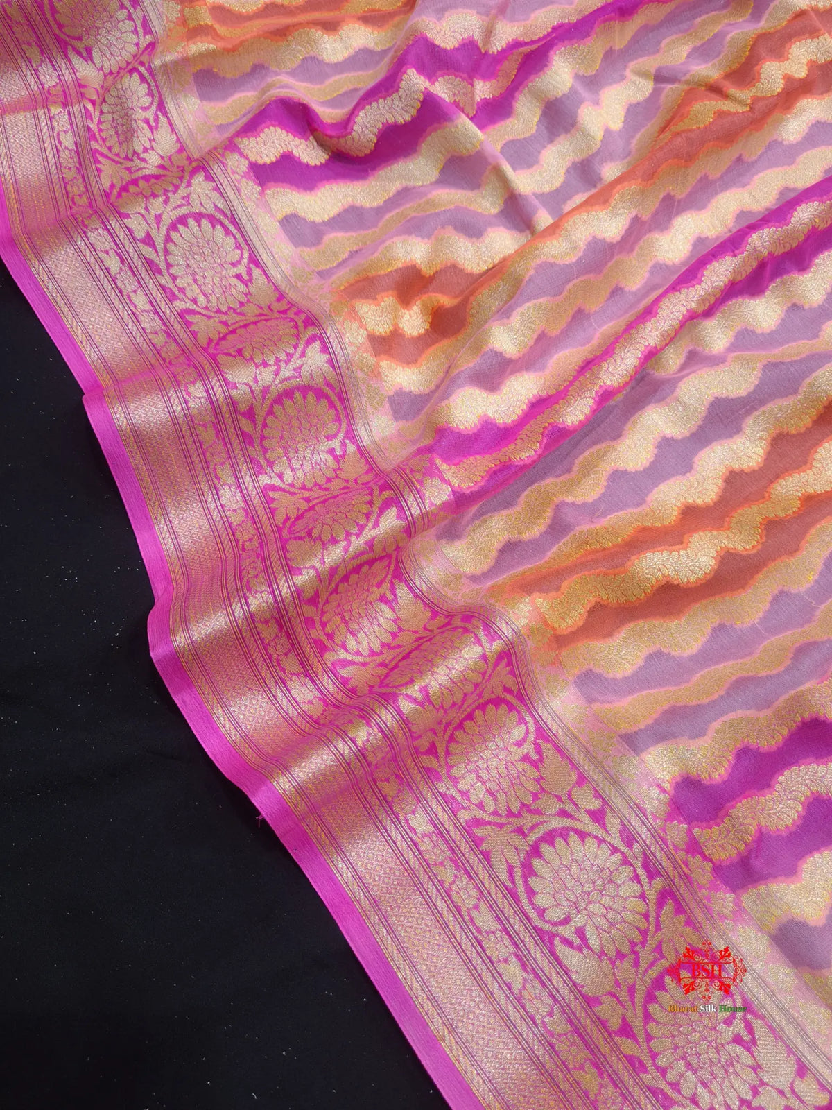 Multi Colour Pure Chiffon Handbrush Dyed Reshmi Zari Silk Saree - Bharat Silk House Chiffon Sarees