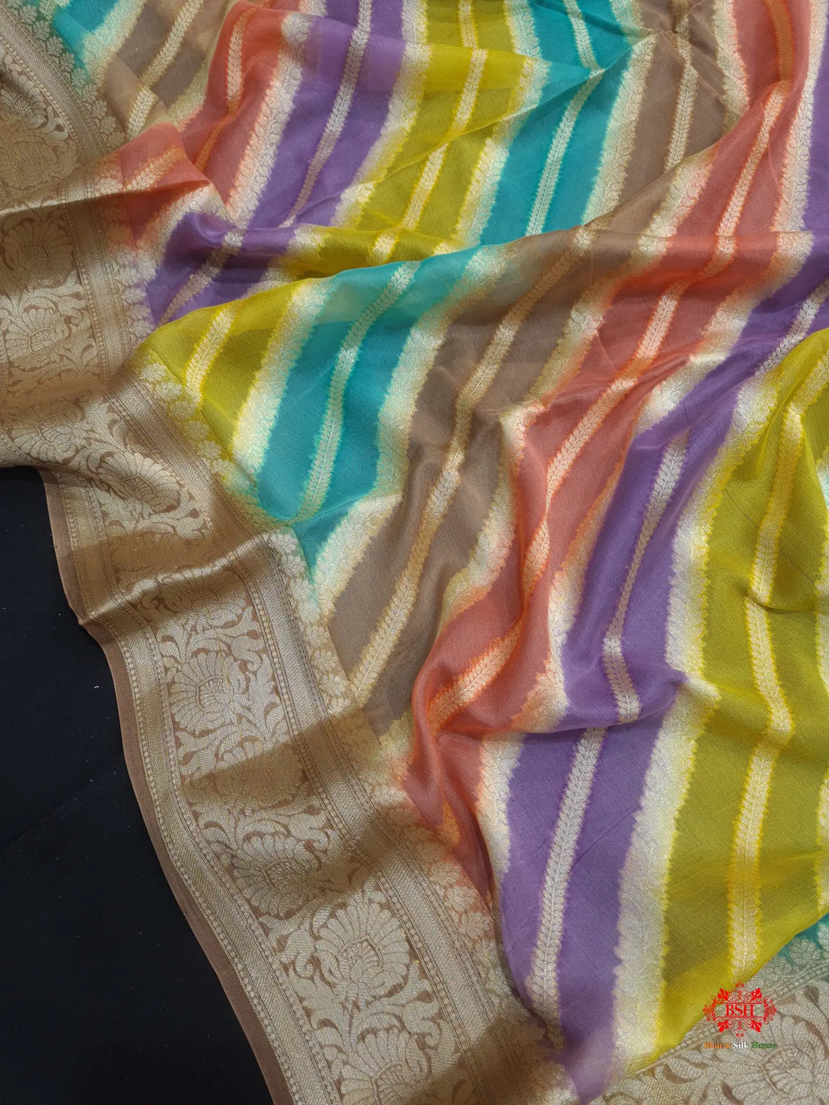 Multi Colour Pure Chiffon Handbrush Dyed Reshmi Zari Silk Saree - Bharat Silk House Chiffon Sarees