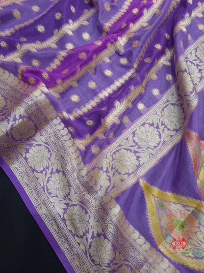 Multi Colour Pure Chiffon Handbrush Dyed Reshmi Zari Silk Saree - Bharat Silk House Chiffon Sarees