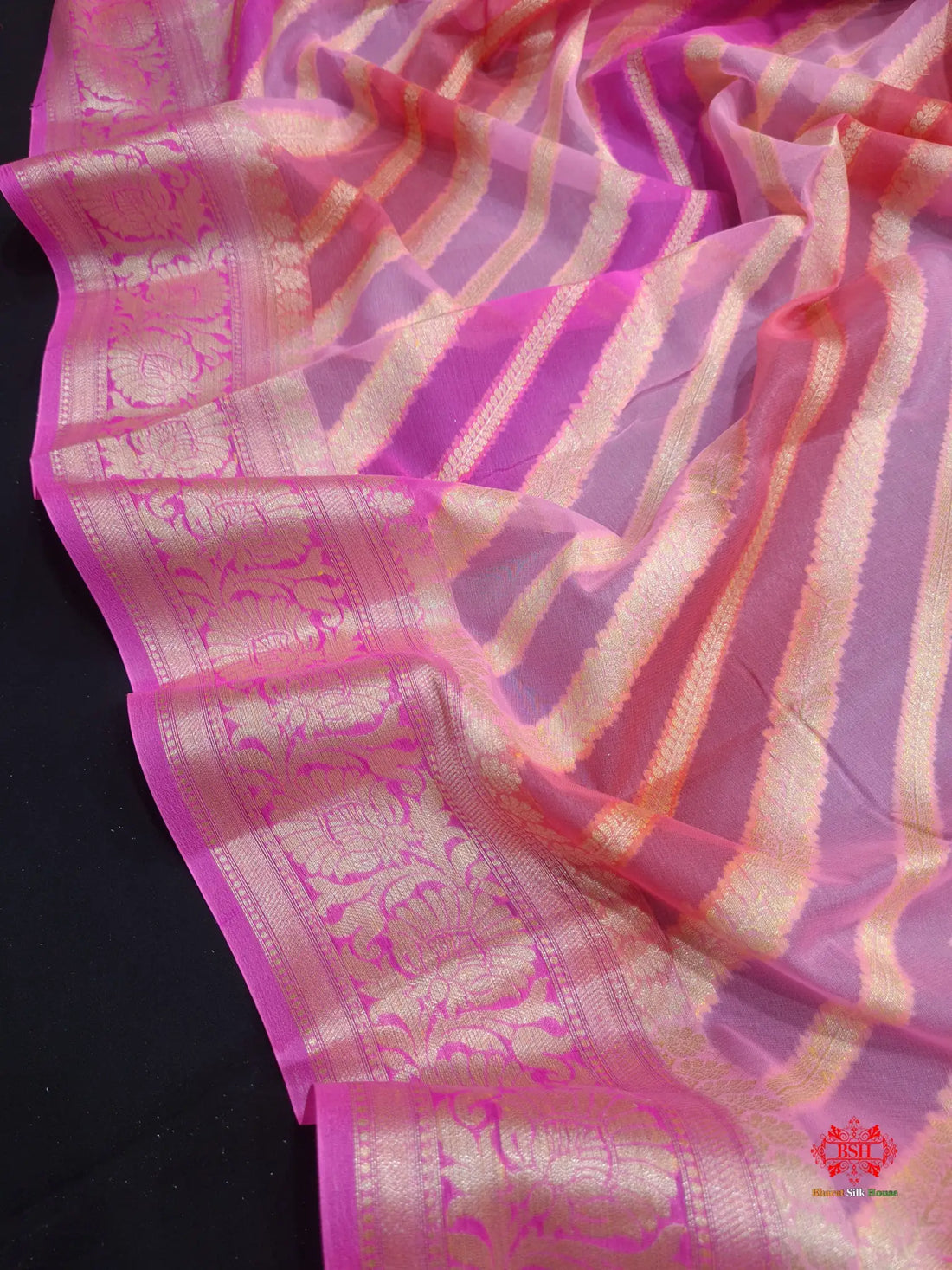 Multi Colour Pure Chiffon Handbrush Dyed Reshmi Zari Silk Saree - Bharat Silk House Chiffon Sarees