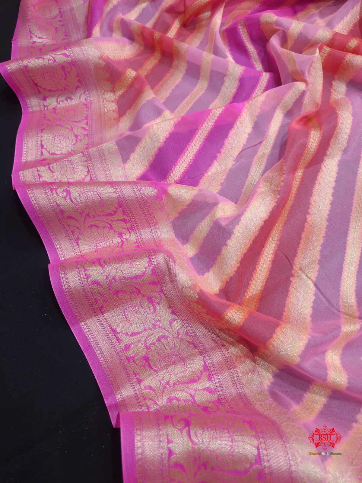 Multi Colour Pure Chiffon Handbrush Dyed Reshmi Zari Silk Saree - Bharat Silk House Chiffon Sarees
