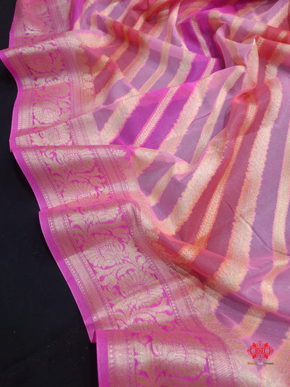 Multi Colour Pure Chiffon Handbrush Dyed Reshmi Zari Silk Saree - Bharat Silk House Chiffon Sarees