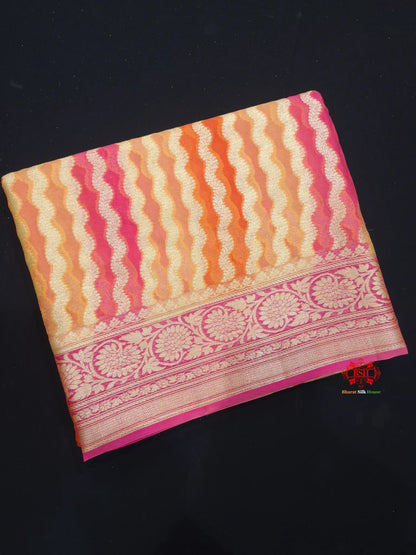 Multi Colour Pure Chiffon Handbrush Dyed Reshmi Zari Silk Saree - Bharat Silk House Chiffon Sarees