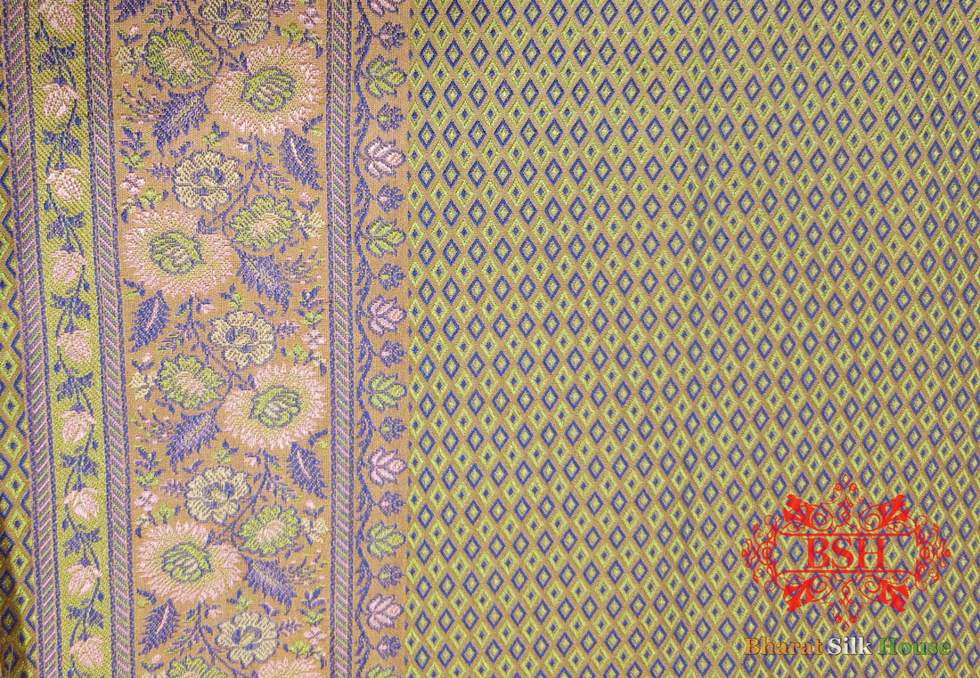 Mustard Yellow Chauthera (Four Color) Resham Zari Tanchoi Katan Silk Saree - Bharat Silk House