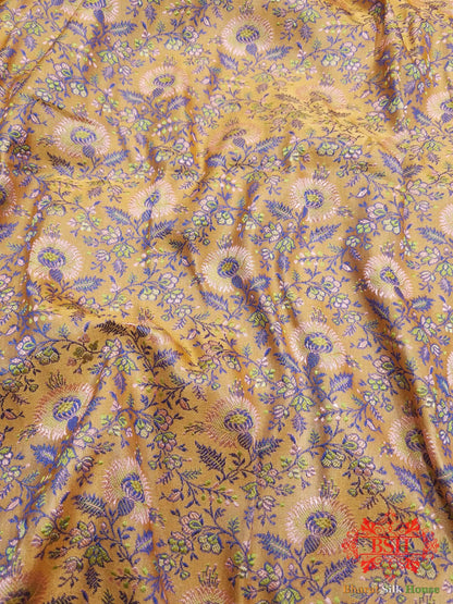Mustard Yellow Chauthera (Four Color) Resham Zari Tanchoi Katan Silk Saree - Bharat Silk House Tanchoi katan