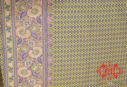 Mustard Yellow Chauthera (Four Color) Resham Zari Tanchoi Katan Silk Saree - Bharat Silk House Tanchoi katan