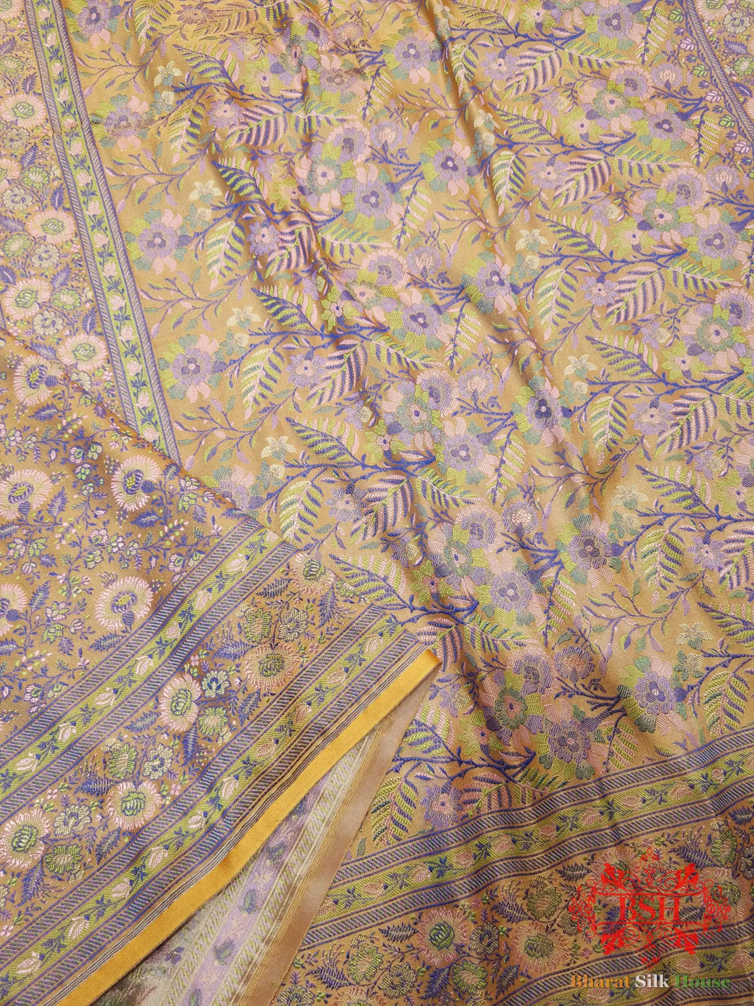 Mustard Yellow Chauthera (Four Color) Resham Zari Tanchoi Katan Silk Saree - Bharat Silk House Tanchoi katan