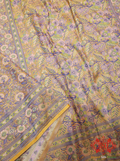 Mustard Yellow Chauthera (Four Color) Resham Zari Tanchoi Katan Silk Saree - Bharat Silk House Tanchoi katan