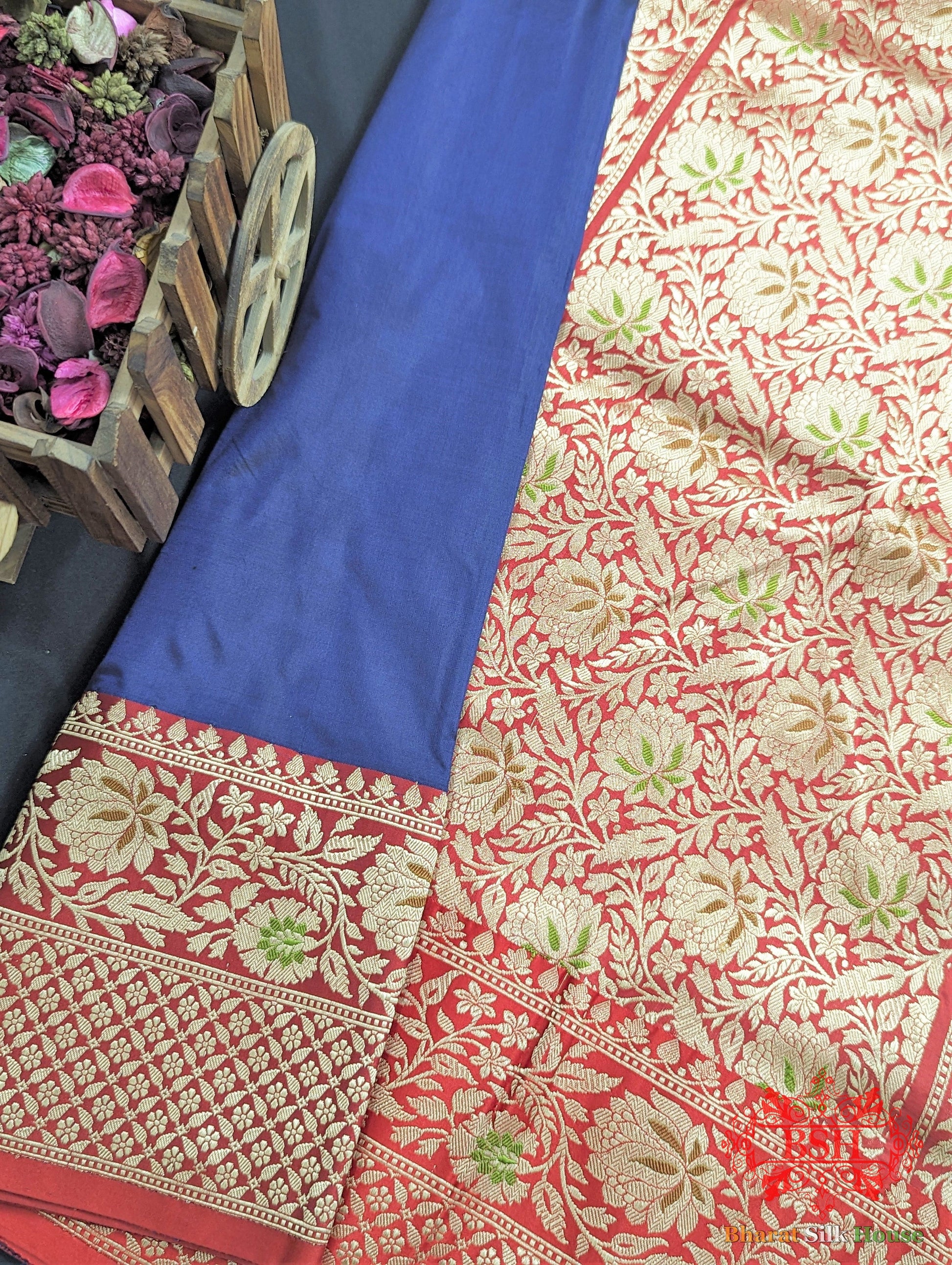 Navy Blue Pure Katan Silk Banarasi Handloom Saree - Bharat Silk House