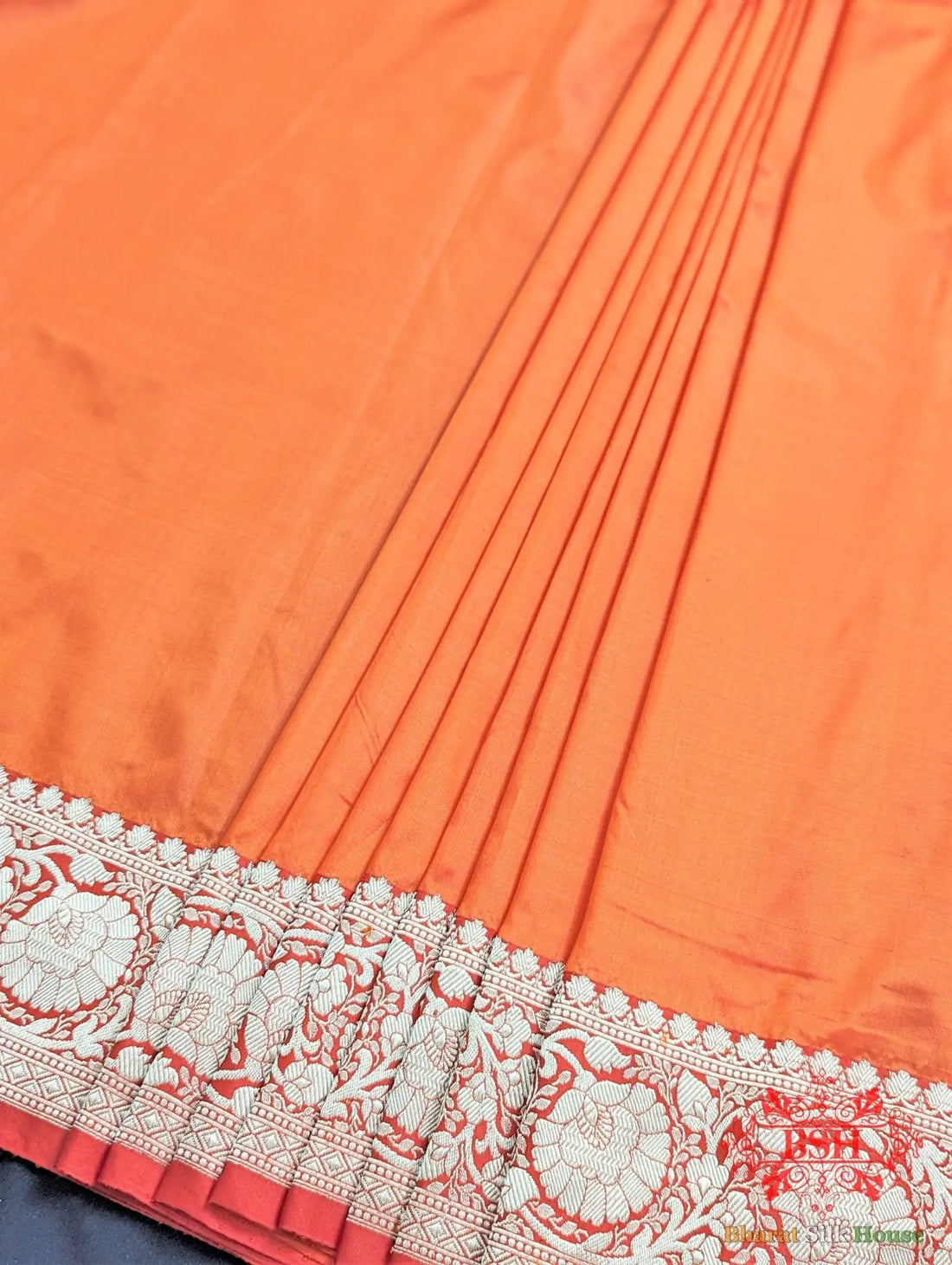 Neon Orange Katan Silk Banarasi Handloom Saree - Bharat Silk House Pure Kataan Silk