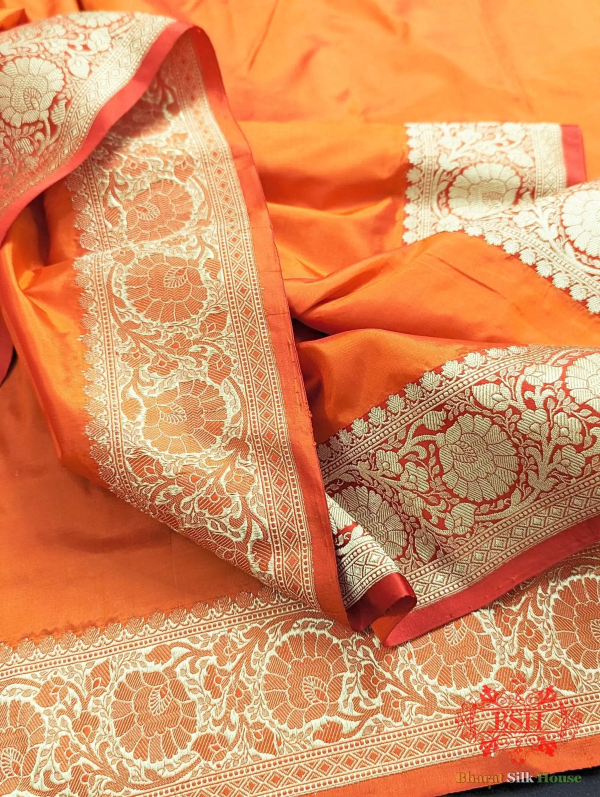 Neon Orange Katan Silk Banarasi Handloom Saree - Bharat Silk House Pure Kataan Silk