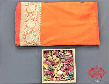 Neon Orange Katan Silk Banarasi Handloom Saree - Bharat Silk House Pure Kataan Silk